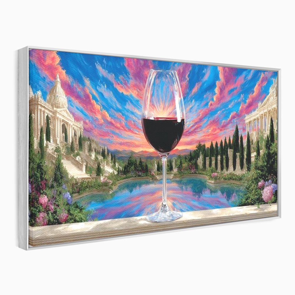 Tablou canvas cu tablou canvas cu pahar de vin si apus, in rama de aluminiu argintiu